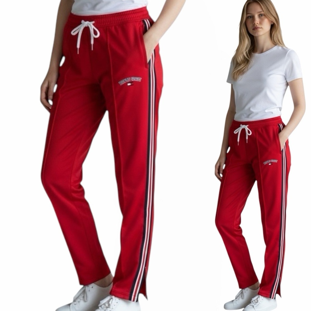 Tommy Hilfiger Sport Red Track Pants Open Leg Size Large W34” L 31” Rise 12”